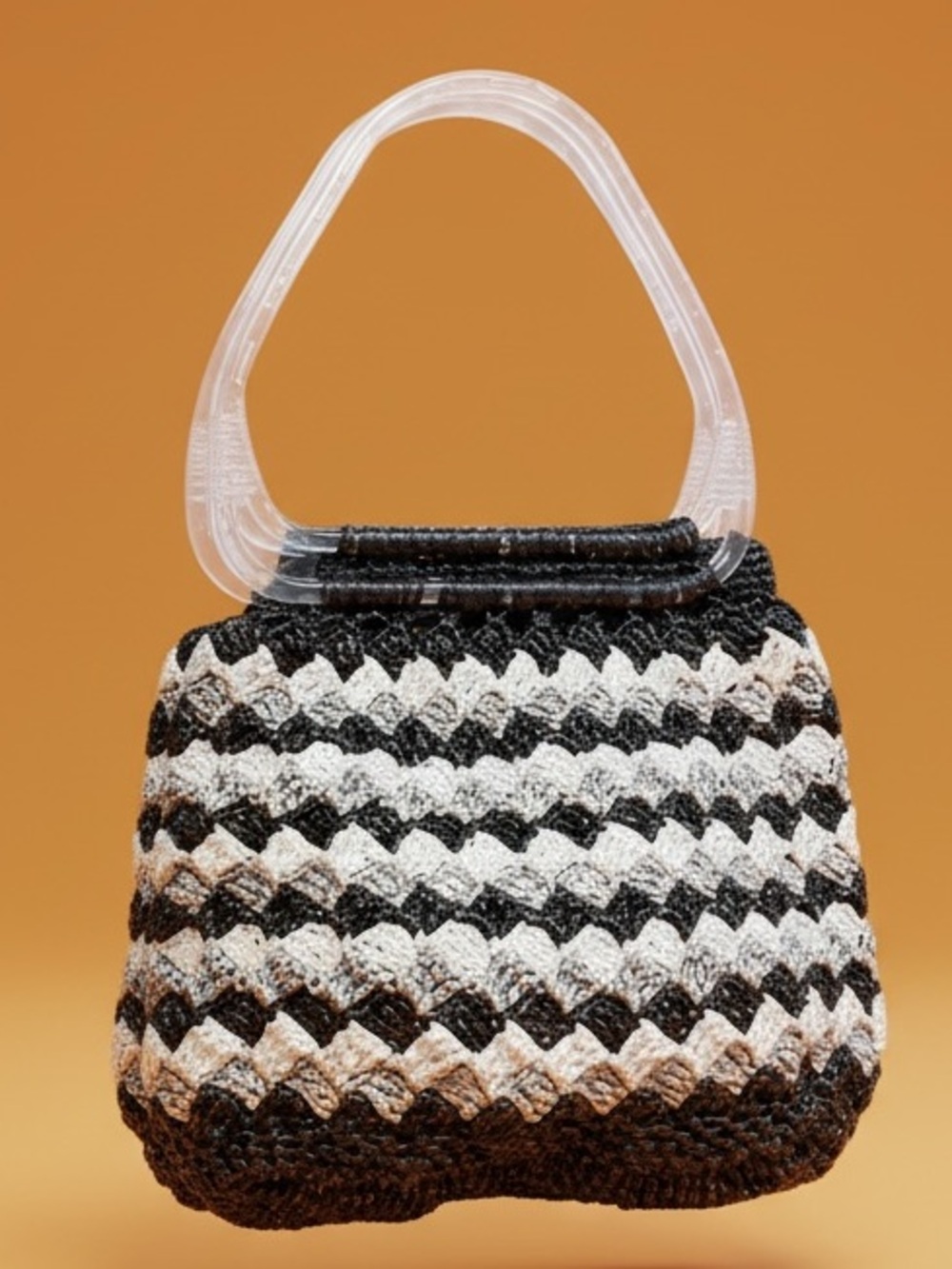 1970s Plastic Black and white Crochet purse with clear lucite plastic handles